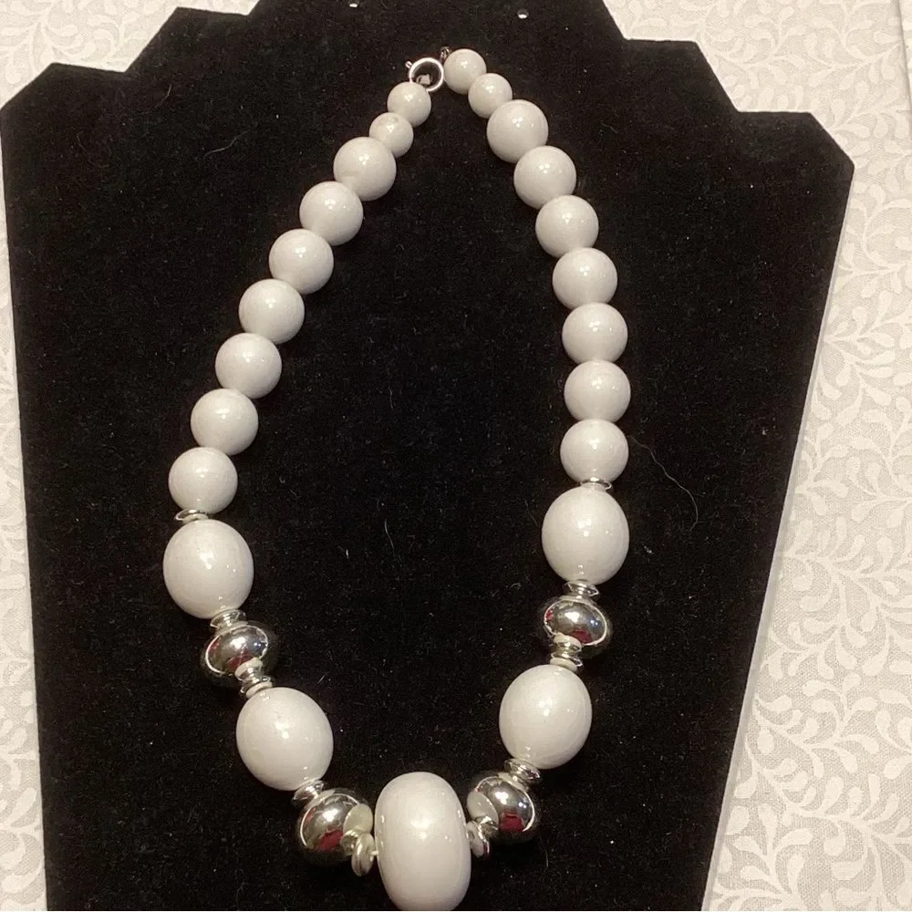White and Silvertone Beaded Necklace
